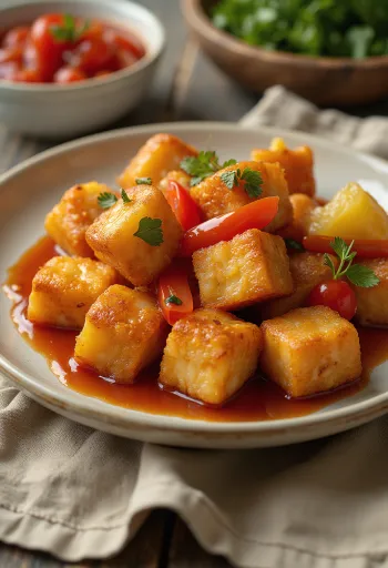 Tofu croustillant sauce aigre-douce servi dans une assiette