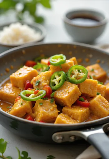 Bicol Express au Tofu servi, avec lait de coco et piment vert