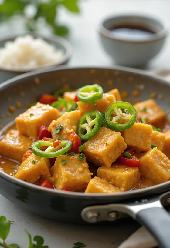 Bicol Express au Tofu servi, avec lait de coco et piment vert