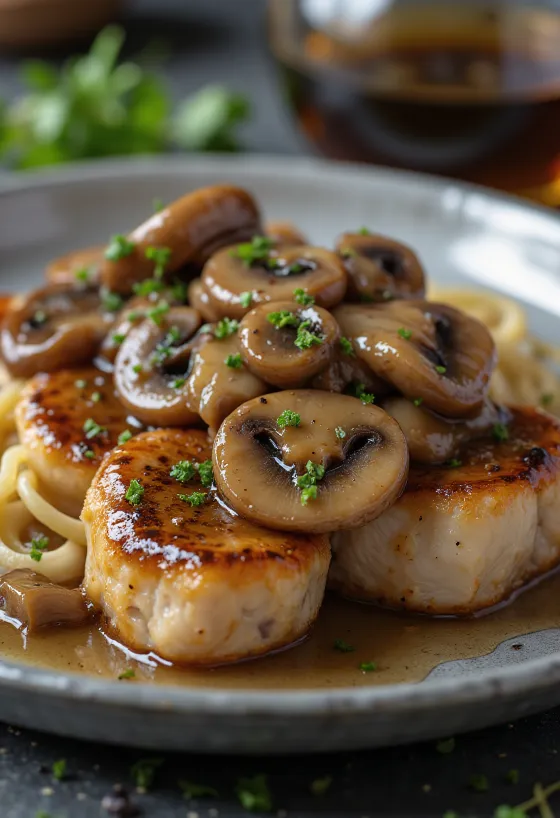 Escalopes de veau Marsala servies avec champignons et persil frais
