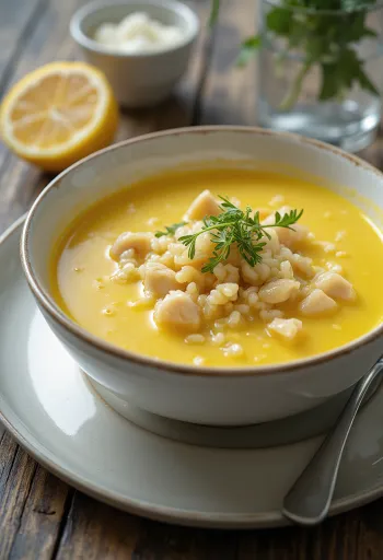 Soupe œuf-citron riche en poulet et riz