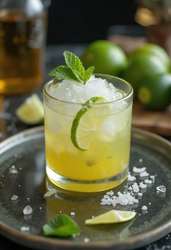 Cocktail Caipirinha avec morceaux de citron vert et glace pilée