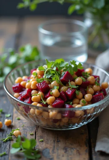 Salade de betteraves et pois chiches servie avec de la roquette fraîche et des noix grillées.
