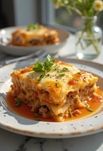 Moussaka grecque traditionnelle servie, avec aubergines en couches, viande hachée et sauce béchamel.