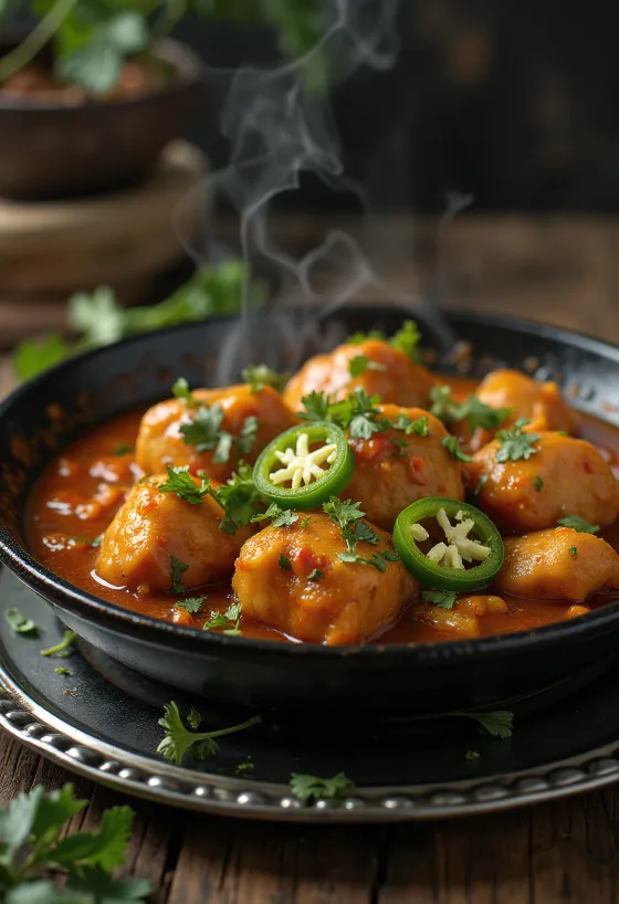 Karahi de poulet, riche en épices et yaourt, servi avec de la coriandre fraîche