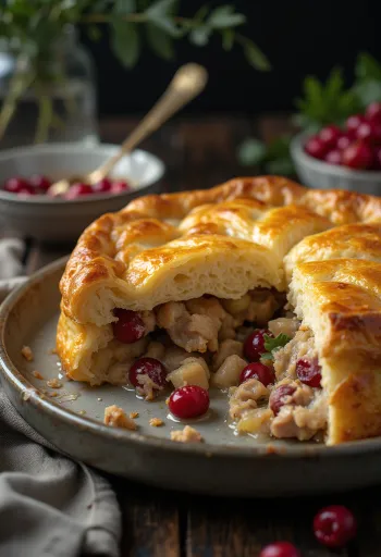 Pot pie de perdrix aux canneberges servi dans un plat rustique avec une pâte dorée.