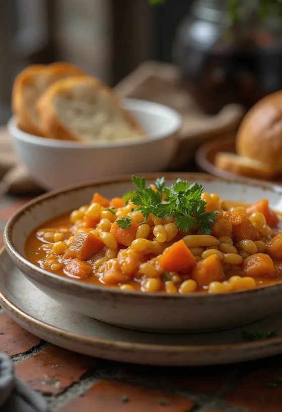 Ragoût millet légumes sauce épaisse servi assiette claire, poireau carotte