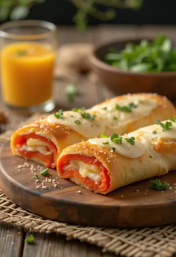 Stromboli aux poivrons servi, riche en poivrons et mozzarella fondue sur le dessus, croustillant à l'extérieur et moelleux à l'intérieur.