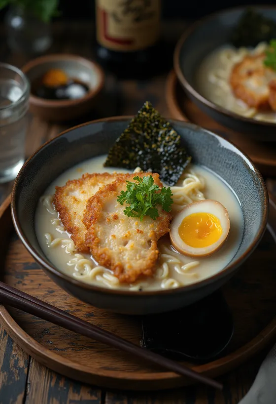 Bol de ramen Tonkatsu, servi avec porc frit et œuf