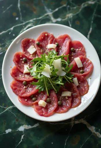 Carpaccio de cerf garni de roquette et parmesan