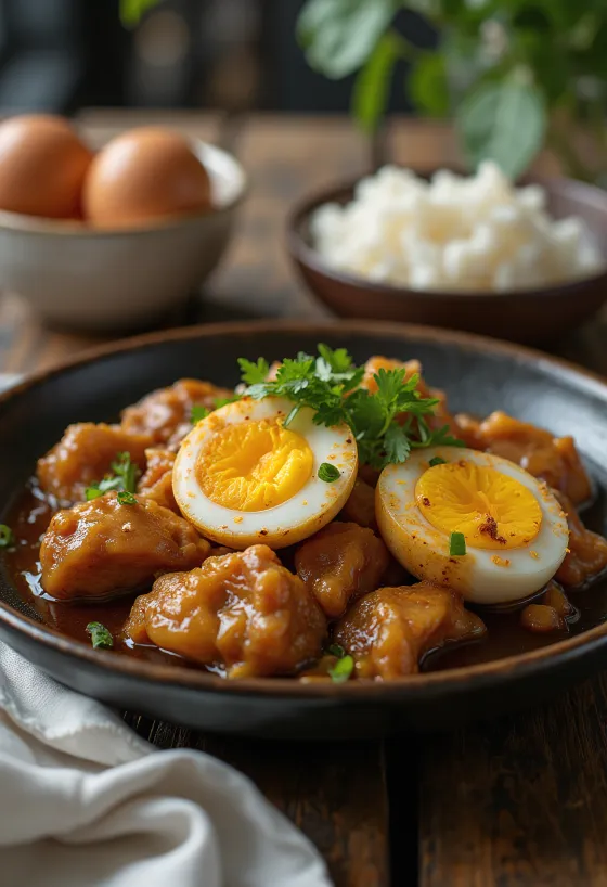 Adobo servi avec des œufs, poulet et œuf combinés en un plat délicieux.