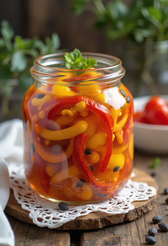 Piments pimento marinés aigre-doux servis dans un bocal