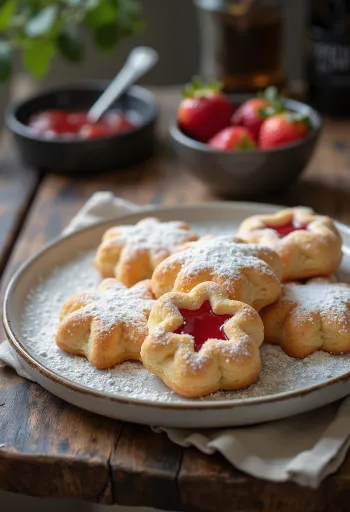 Sablés Linzer saupoudrés de sucre glace, fourrés à la confiture