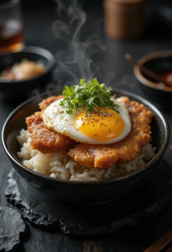 Katsudon servi avec porc croustillant et oignon vert