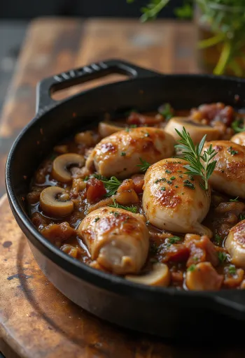 Casserole de faisan servie dans un plat rustique avec des herbes.