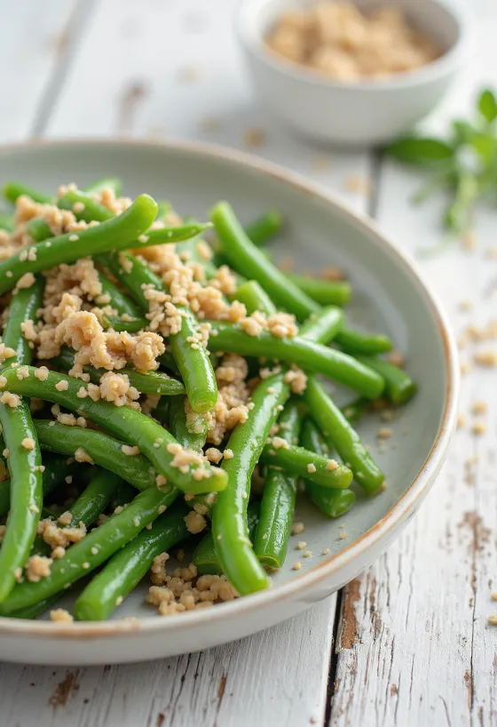 Haricots verts croquants à la crème de sésame servis