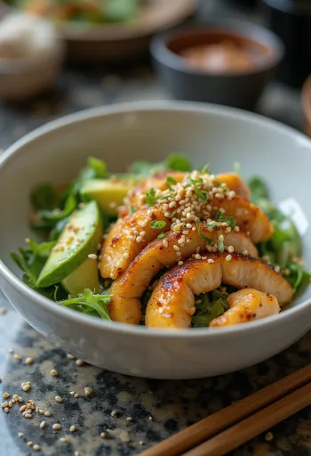 Salade de poulet épicé au Togarashi avec avocat et lime