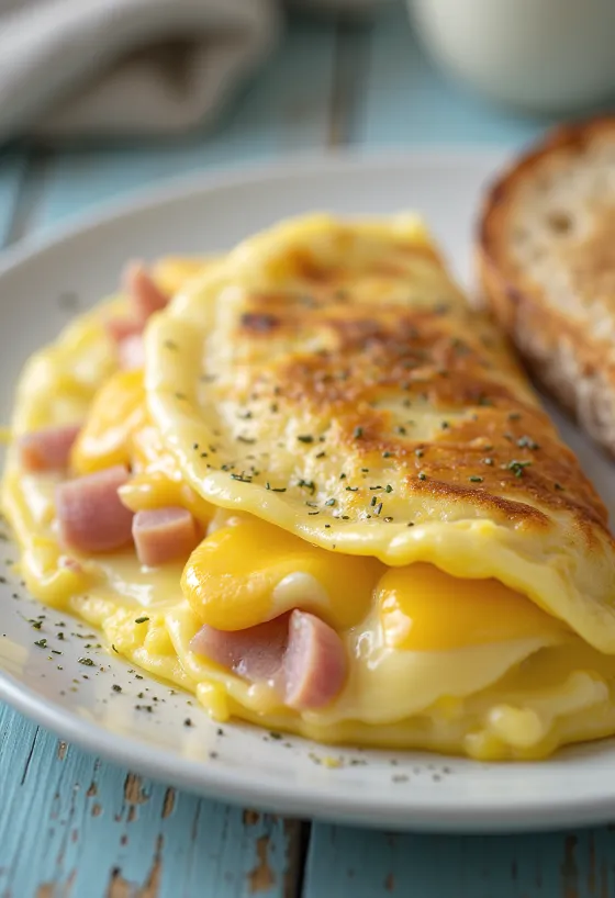 Omelette garnie de légumes frais et de fromage fondu à l'intérieur