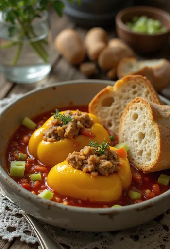 Poivrons farcis sauce tomate, farcis de riz et viande hachée