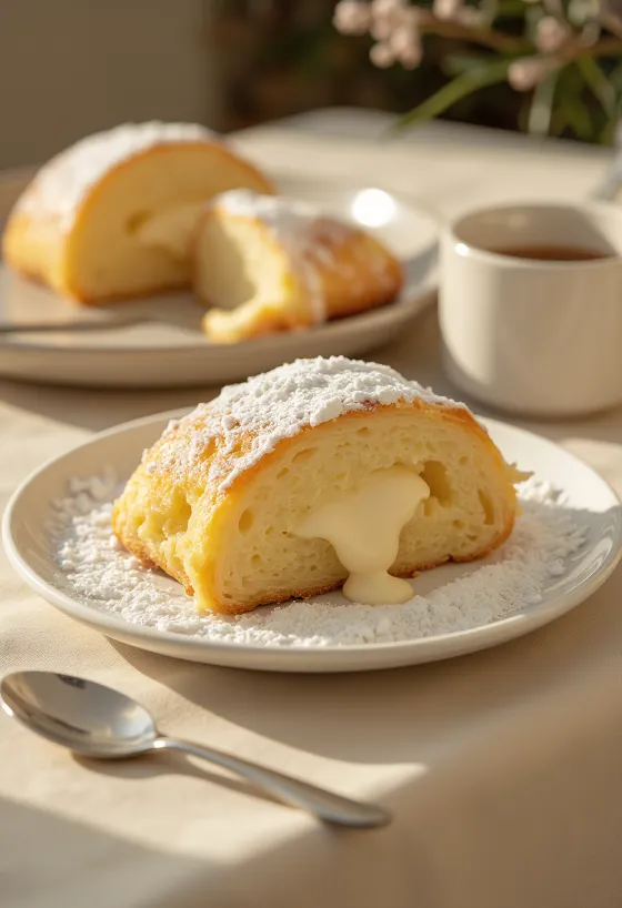 Stollen crème vanille tranché, saupoudré de sucre glace