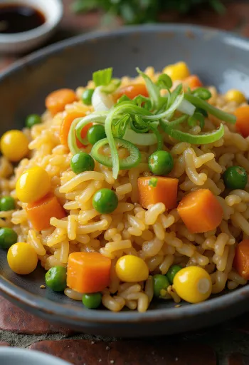 Riz frit vegan aux légumes, fraîchement servi dans un wok.