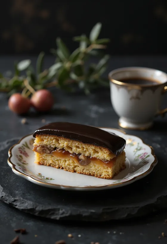 Zserbó maison, pâte friable, garniture aux noix et nappage chocolat
