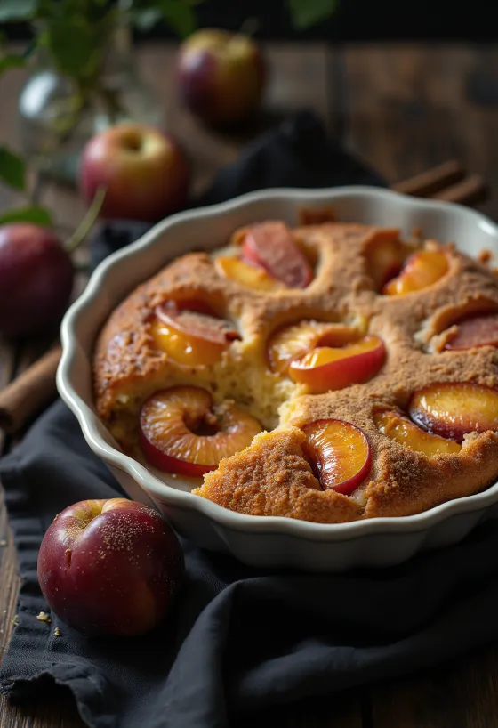 Gâteau aux prunes et à la cannelle servi avec sucre glace et cannelle