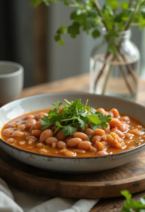 Lobio à la coriandre, plat de haricots géorgien servi avec de la coriandre fraîche