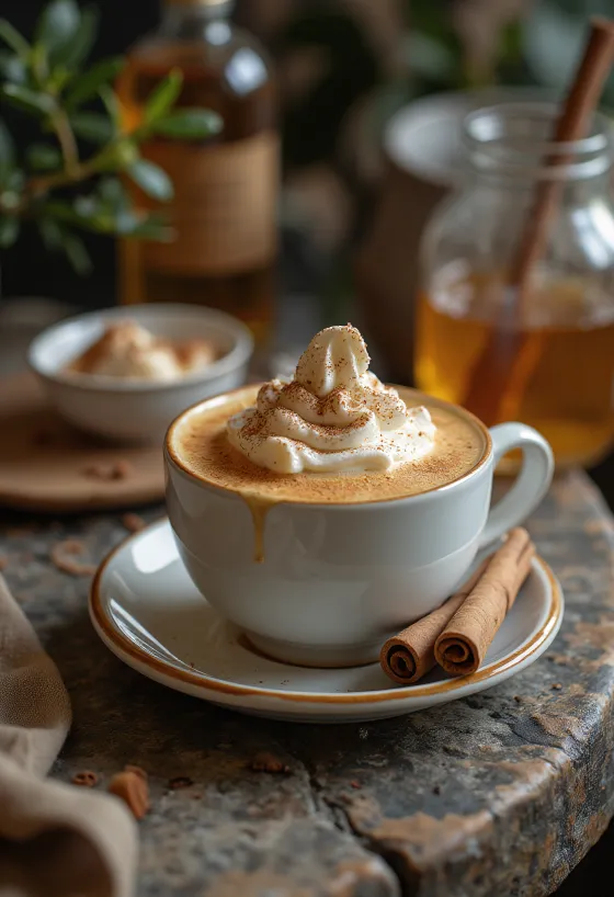 Latte miel-cannelle, décoré de crème chantilly et d'un bâton de cannelle