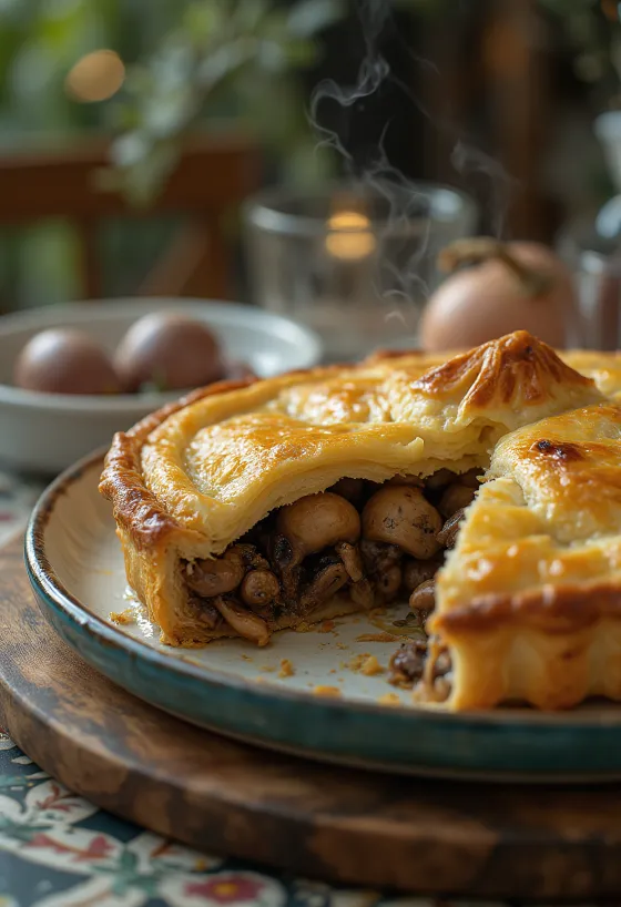 Tourte au pigeon servie avec une croûte dorée.