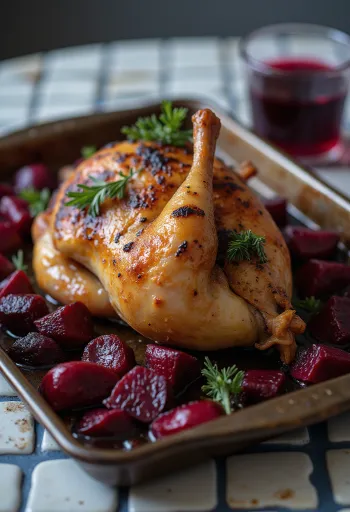 Poulet rôti prébiotique à la betterave, servi avec romarin frais