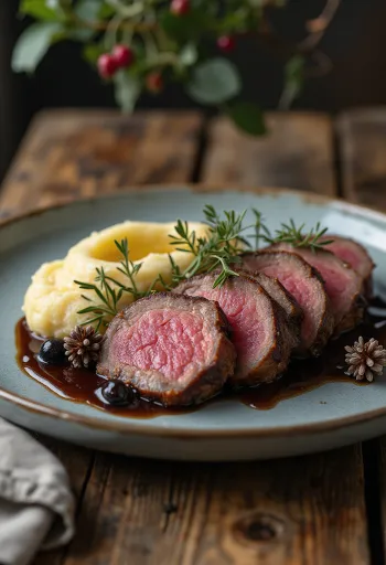 Filet de cerf sauce genièvre servi avec légumes rôtis
