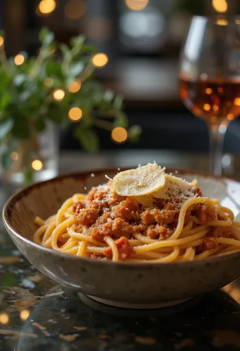 Spaghetti bolognaise avec basilic frais et parmesan