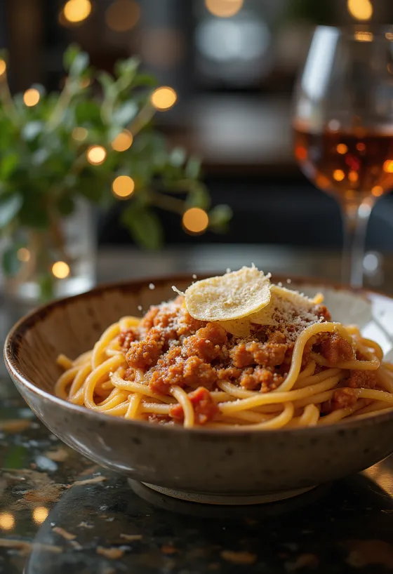 Spaghetti bolognaise avec basilic frais et parmesan