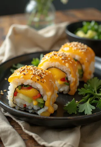 Gimbap au fromage, légumes frais et fromage, rouleau coréen servi