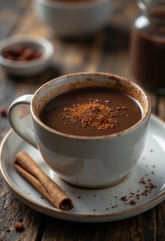 Chocolat chaud pimenté décoré de crème fouettée et de copeaux de chocolat