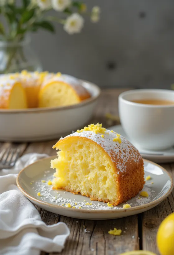Gâteau au citron avec zeste de citron frais et saupoudré de sucre glace