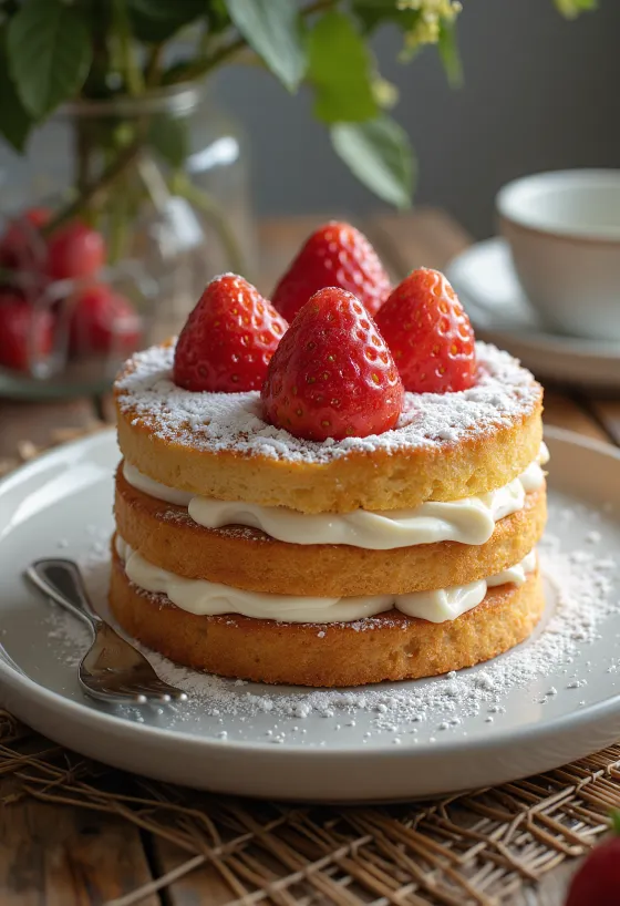 Gâteau aux fraises servi sur une assiette