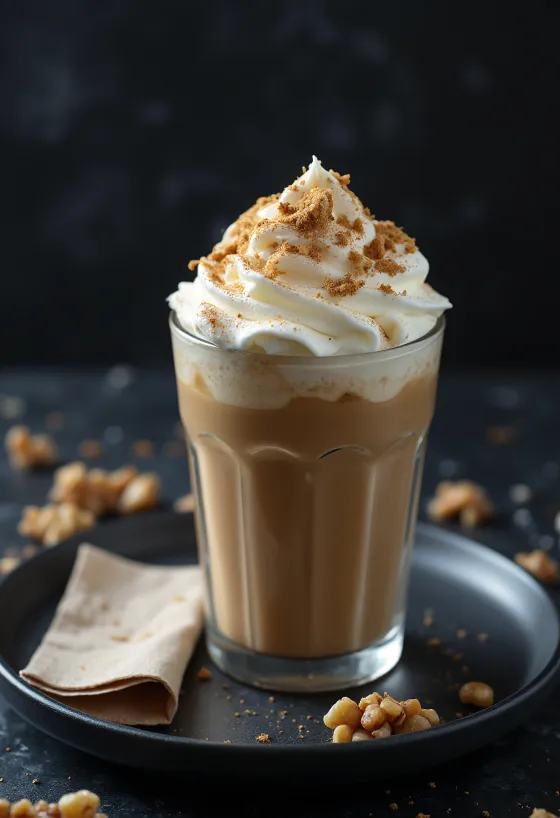 Frappuccino cannelle-noix décoré de crème chantilly et de noix moulues