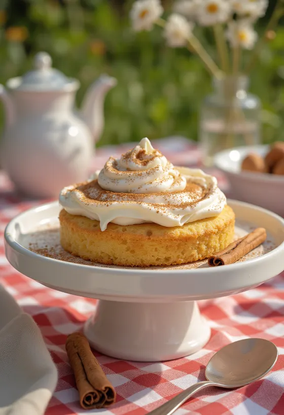 Gâteau à la crème fouettée et à la cannelle saupoudré de cannelle