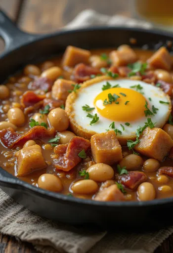 Feijão tropeiro au porc, plat riche aux haricots et viande, décoré de persil frais
