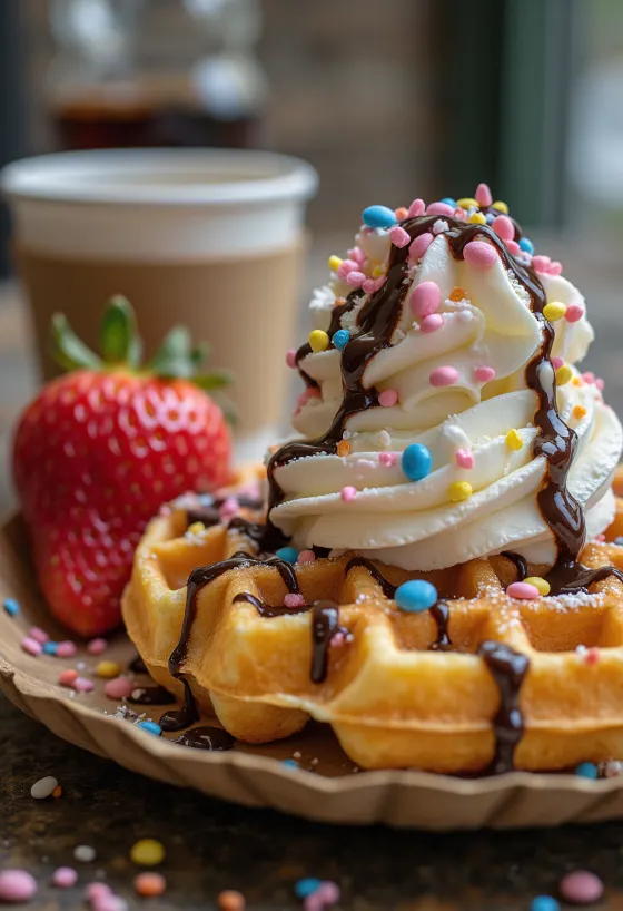 Gaufre de festival avec sauce chocolat et bonbons