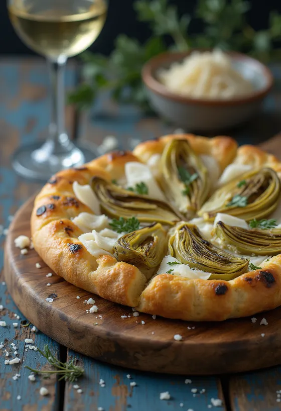 Focaccia aux artichauts grillés et au parmesan servie