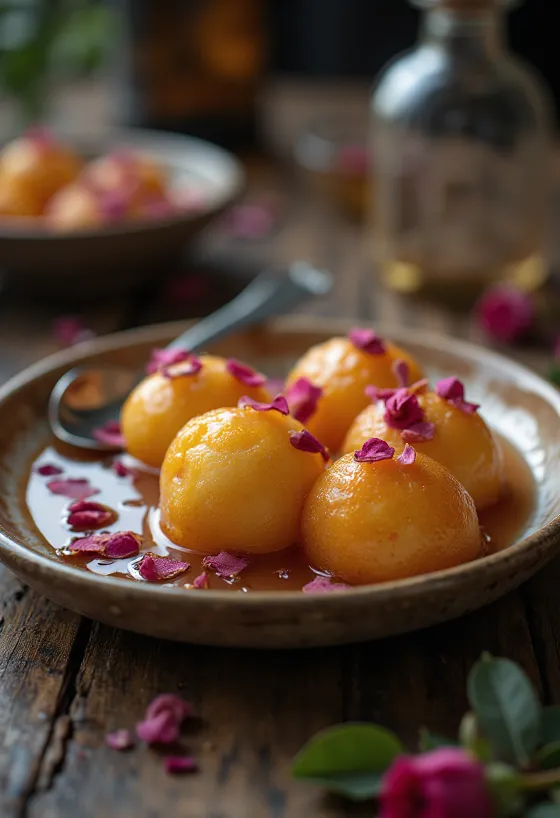 Gulab Jamun à l'eau de rose, imbibé d'un riche sirop à l'eau de rose, dessert sucré et appétissant