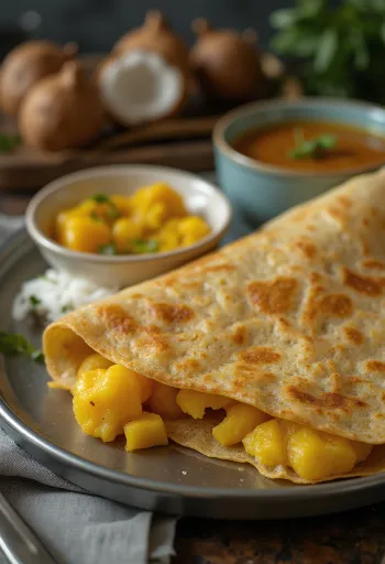 Masala dosa servi avec pommes de terre épicées et noix de coco râpée fraîche