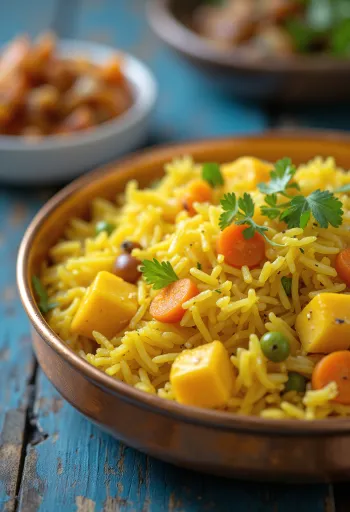 Pulao au Paneer servi, décoré d'épices riches et de fromage paneer