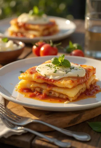 Parmigiana à la mozzarella, servie avec aubergines et sauce tomate