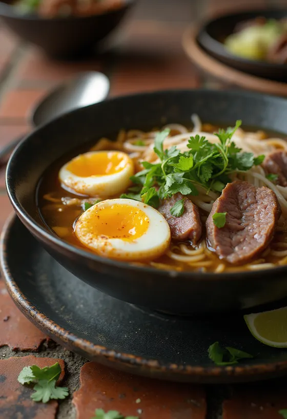 Pho au bœuf et aux œufs servi dans un bol avec des œufs, du bœuf et des nouilles de riz, de la coriandre fraîche et des tranches de citron vert