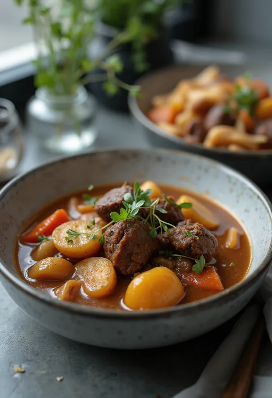 Ragoût de porc-épic servi dans un bol rustique avec des herbes.