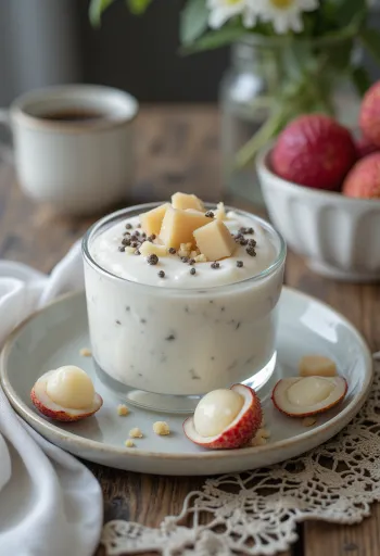 Yaourt probiotique au litchi dans des verres, servi avec des morceaux de litchi frais